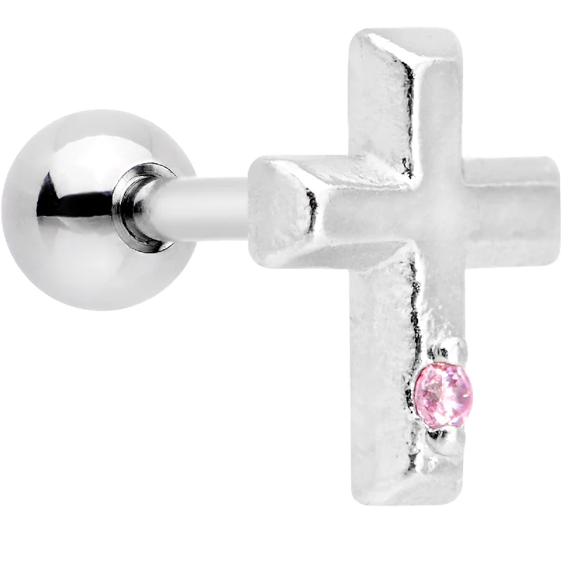 Women's Earrings – Elegant Designs for Every Personality--1/4 Pink CZ Gem Embossed Cross Tragus Cartilage Earring
