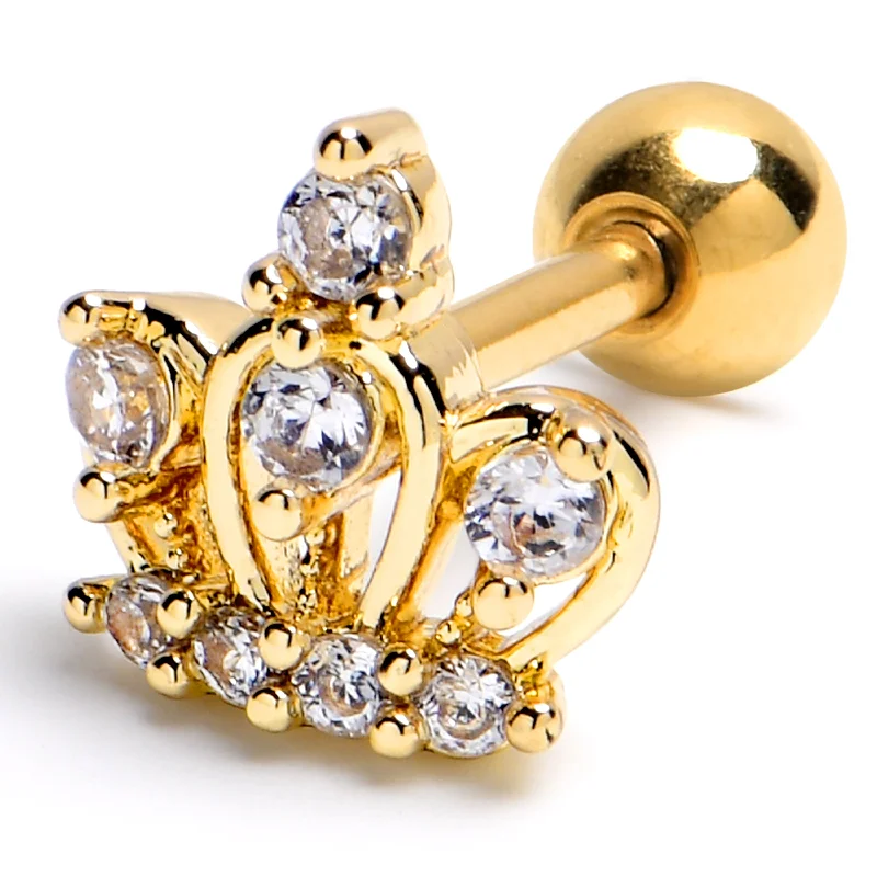 Women's Earrings – Elegant Designs for Every Personality--16 Gauge 1/4 Clear Gem Gold Tone Epic Crown Cartilage Tragus Earring