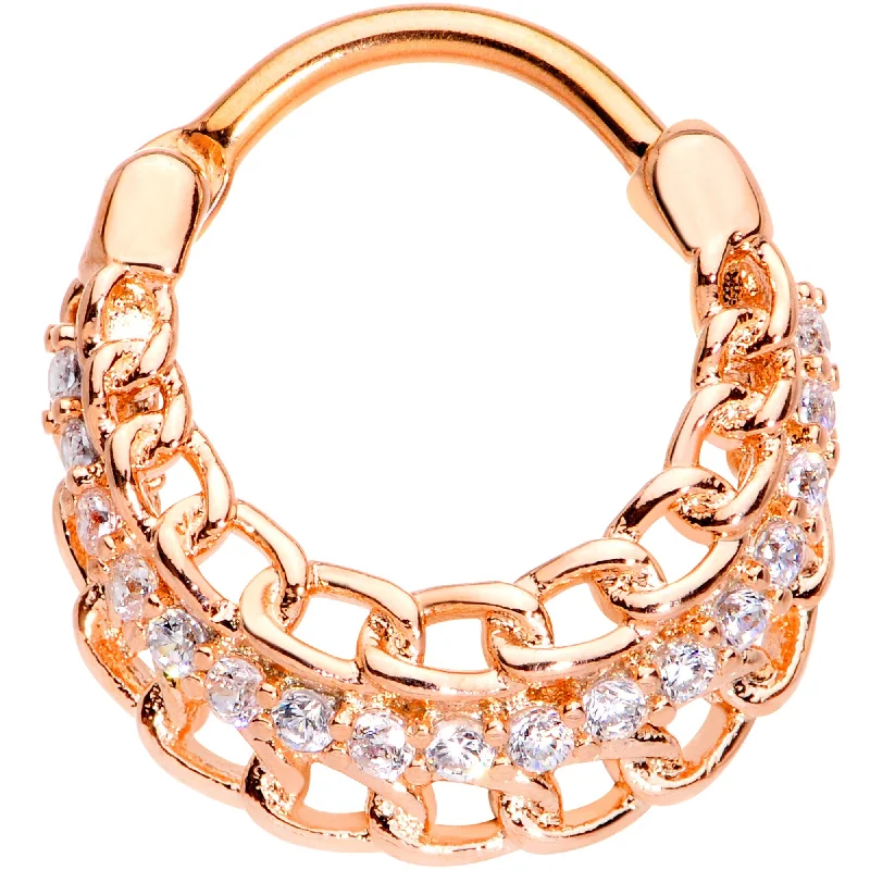 Stylish Nose Rings for Special Occasions -16 Gauge 3/8 Clear CZ Gem Rose Gold Tone Chain Hinged Septum Ring
