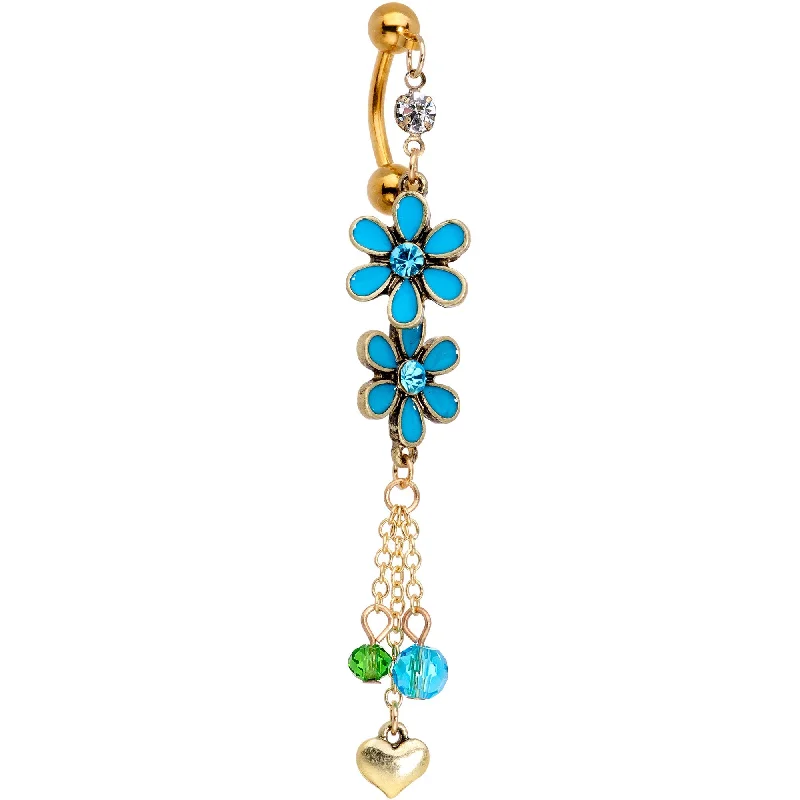 Comfortable Belly Rings with Polished Finish -Blue Green Gem Gold PVD Double Daisy Flower Top Mount Dangle Belly Ring Comfortable Belly Rings with Polished Finish -Blue Green Gem Gold PVD Double Daisy Flower Top Mount Dangle Belly Ring
