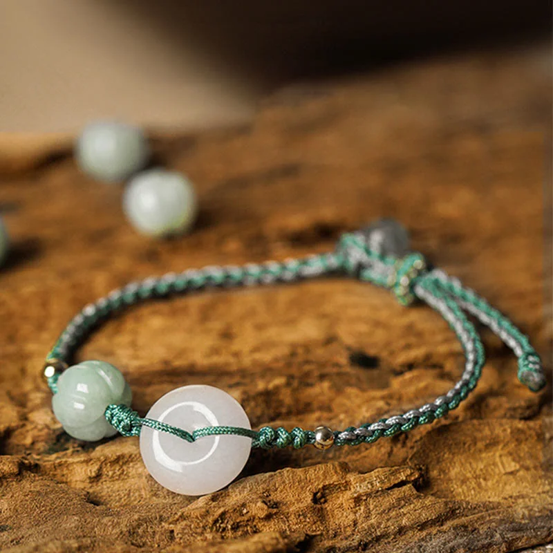 Women's Bangles with Sparkling Crystals-Buddha Stones White Jade Peace Buckle Pumpkin Bead Luck Blessing Braided Bracelet