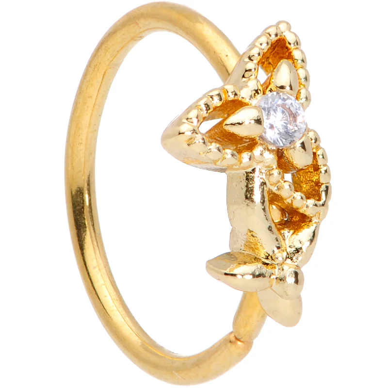 Nose Rings with Textured Surface -20 Gauge 5/16 Clear CZ Gem Gold Tone Triquetra Flower Nose Hoop Nose Rings with Textured Surface -20 Gauge 5/16 Clear CZ Gem Gold Tone Triquetra Flower Nose Hoop
