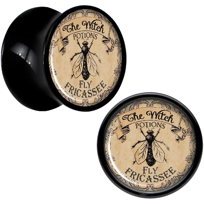 Women's Earrings – Elegant Designs for Every Personality--Witches Brew Fly Fricassee Halloween Black Acrylic Plug Sizes 0 Gauge to 20mm