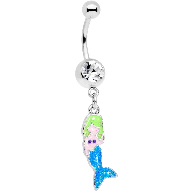 Belly Rings for a Perfect Fit -Clear Gem Blue Fin Mermaid Dangle Belly Ring