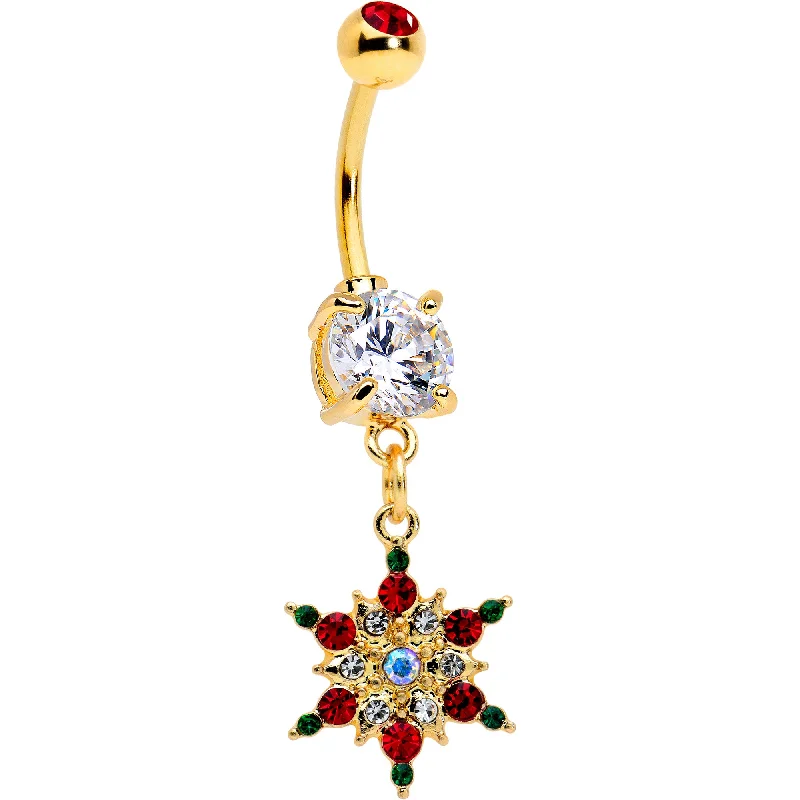 Unique Belly Rings with Stunning Accents -Aurora Red Green Gem Gold Tone Christmas Star Holiday Dangle Belly Ring