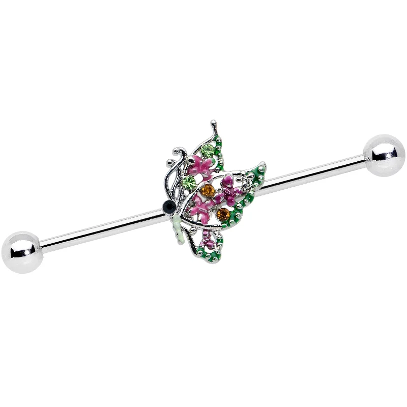 Women's Earrings – Elegant Designs for Every Personality--14 Gauge Pink Gem Openwork Butterfly Industrial Barbell 38mm