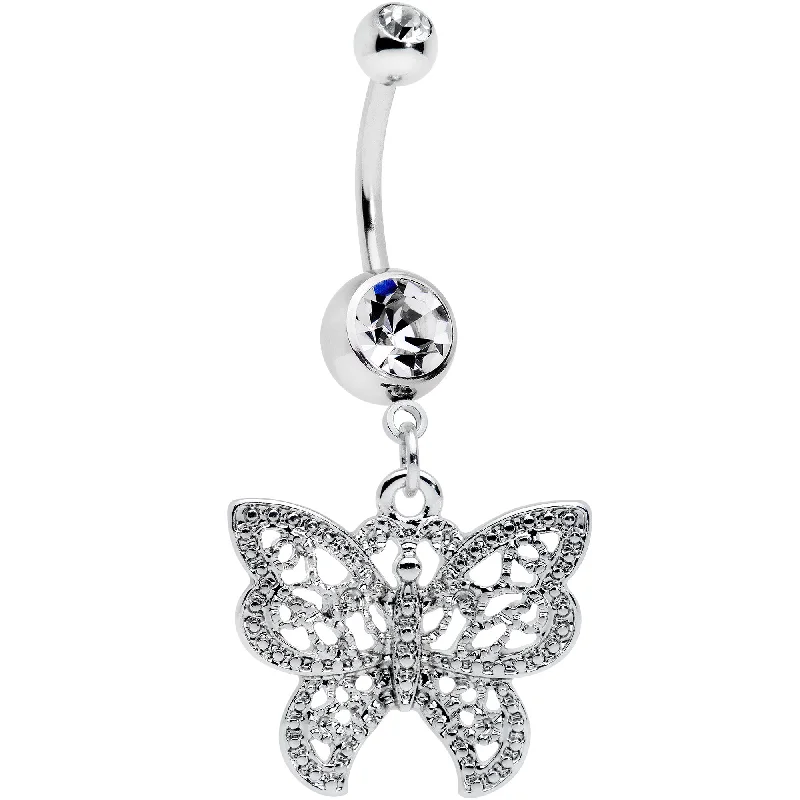 Trendy Belly Rings for Chic Look -Clear CZ Gem Ultra Luxe Butterfly Dangle Belly Ring Trendy Belly Rings for Chic Look -Clear CZ Gem Ultra Luxe Butterfly Dangle Belly Ring