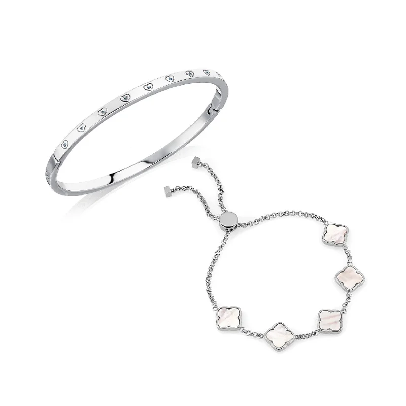 Elegant Thin Bangle Bracelets for Women-Crystal Heart Bangle & Multi Pearl Clover Bracelet Bundle (Silver) Elegant Thin Bangle Bracelets for Women-Crystal Heart Bangle & Multi Pearl Clover Bracelet Bundle (Silver)