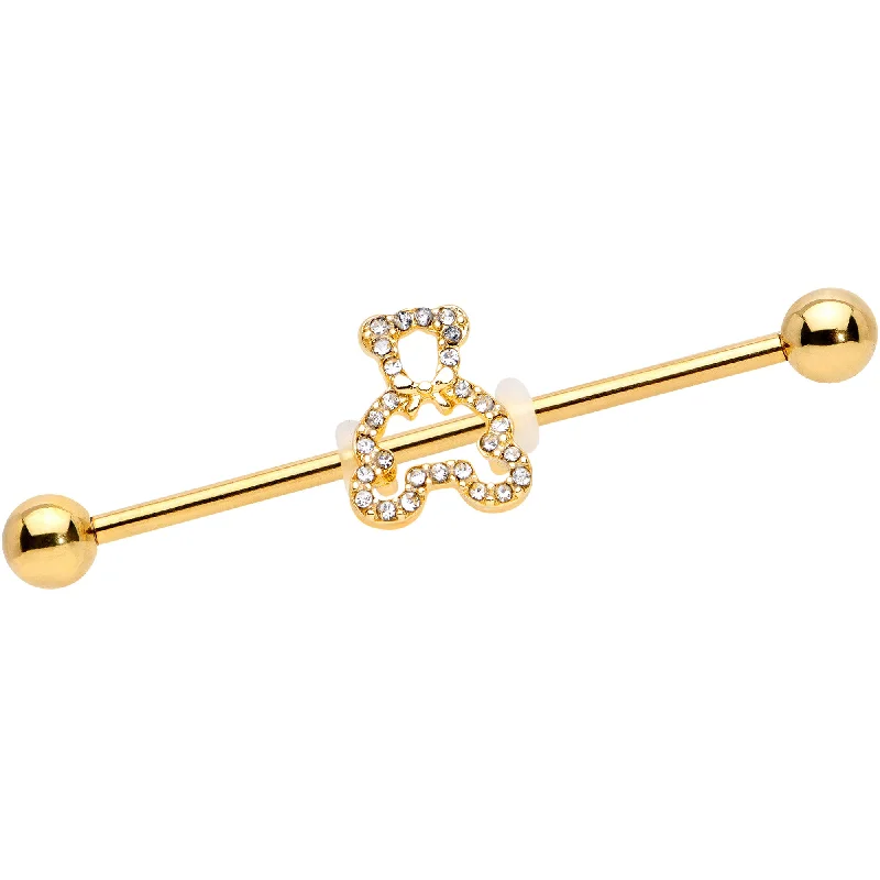 Women's Earrings – Elegant Designs for Every Personality--14 Gauge Clear Gem Gold Tone Hollow Bear Industrial Barbell 38mm