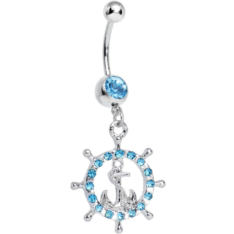 Fashionable Belly Rings for Trendy Looks -Aqua Gem Paved Glam Ship Wheel and Anchor Dangle Belly Ring Fashionable Belly Rings for Trendy Looks -Aqua Gem Paved Glam Ship Wheel and Anchor Dangle Belly Ring