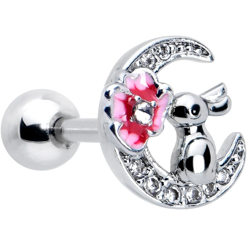 Women's Earrings – Elegant Designs for Every Personality--16 Gauge 1/4 Clear CZ Gem Rabbit on the Moon Pink Cartilage Earring