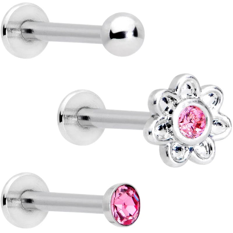 Stunning Lip Rings for Glamorous Style16 Gauge Pink Gem Flower Internally Threaded Labret Set of 3