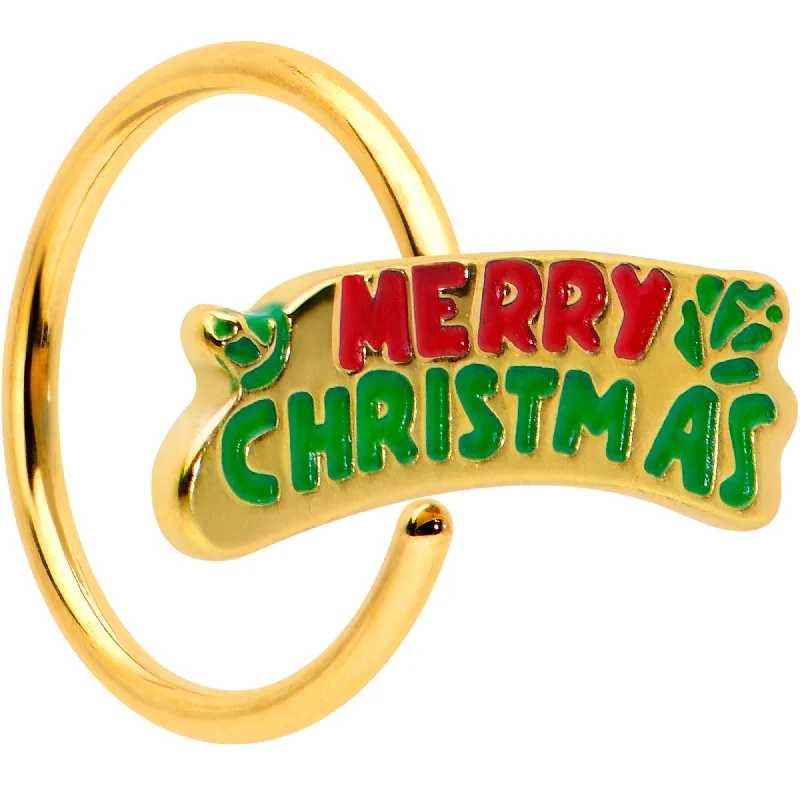 Nose Rings with Blue Stones -20 Gauge 5/16 Gold Tone Merry Christmas Inlaid Nose Hoop Nose Rings with Blue Stones -20 Gauge 5/16 Gold Tone Merry Christmas Inlaid Nose Hoop