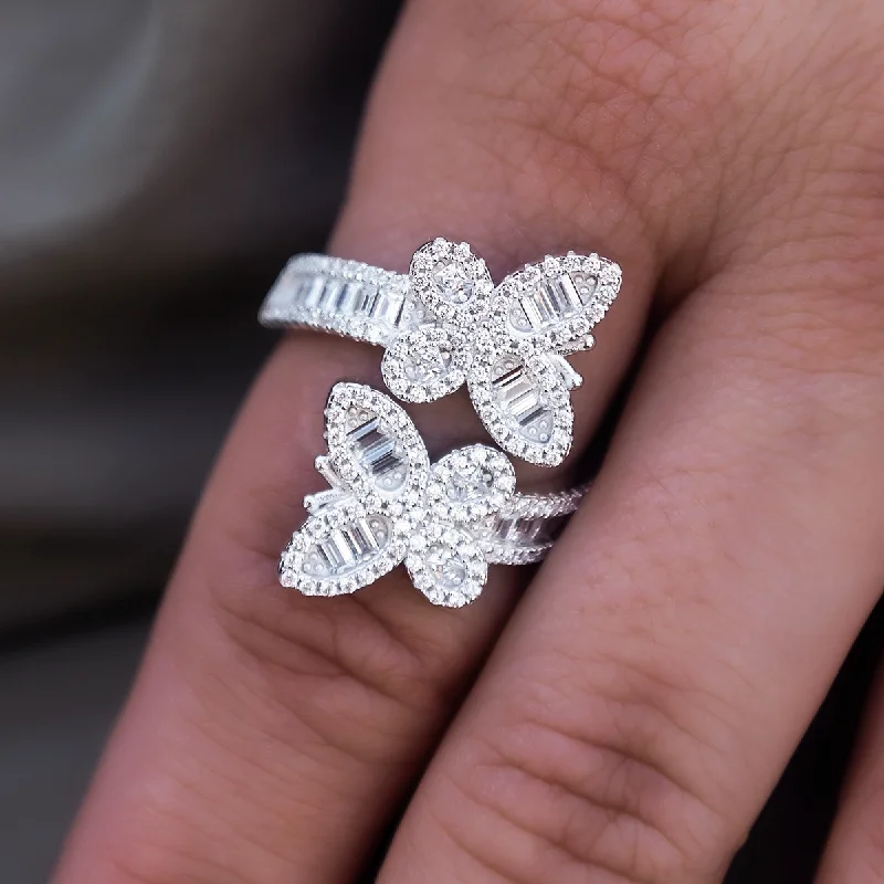 Chic Women's Rings for Fashion-Forward Looks-Diamond Baguette Butterfly Ring in White Gold Vermeil