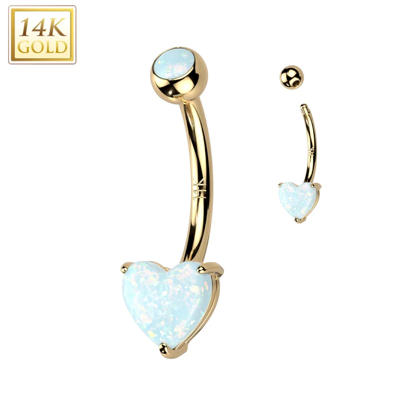 Belly Rings with Stone Accents for Elegant Style -14kt Solid Yellow Gold 6mm Synthetic Opal Heart Belly Ring Belly Rings with Stone Accents for Elegant Style -14kt Solid Yellow Gold 6mm Synthetic Opal Heart Belly Ring