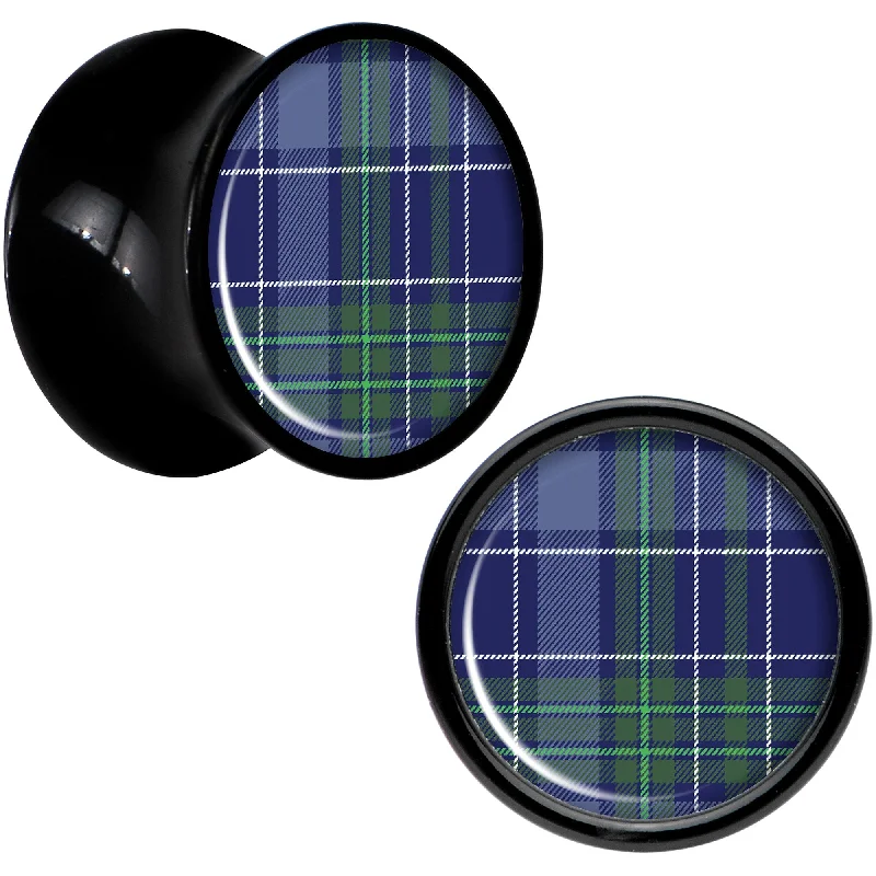 Women's Earrings – Elegant Designs for Every Personality--Holiday Blue Green Plaid Black Acrylic Saddle Plug Set Sizes 5mm to 20mm