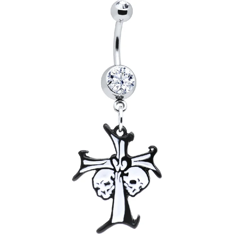 Comfortable Belly Rings for Unique Fashion -Black and White Double Skulls Cross Belly Ring Comfortable Belly Rings for Unique Fashion -Black and White Double Skulls Cross Belly Ring