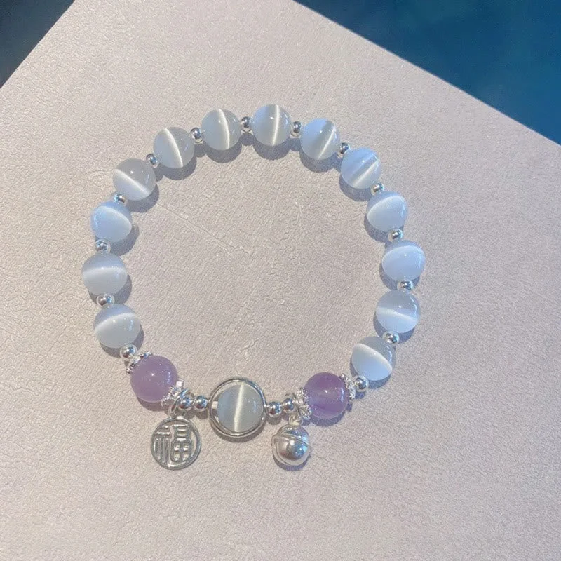 Traditional Wedding Bangles for Women-Buddha Stones Cat's Eye Amethyst Fu Character Bell Charm Support Bracelet Traditional Wedding Bangles for Women-Buddha Stones Cat's Eye Amethyst Fu Character Bell Charm Support Bracelet