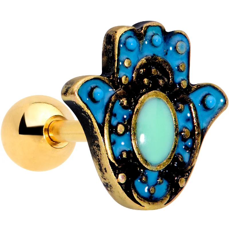 Women's Earrings – Elegant Designs for Every Personality--16 Gauge 1/4 Gold Tone Aqua Ornate Hamsa Hand Cartilage Tragus