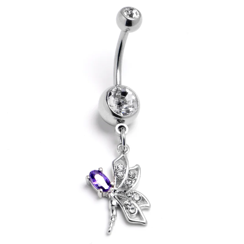 Unique Belly Rings with Sparkling Features -Purple Clear Gem Divine Dragonfly Dangle Belly Ring Unique Belly Rings with Sparkling Features -Purple Clear Gem Divine Dragonfly Dangle Belly Ring