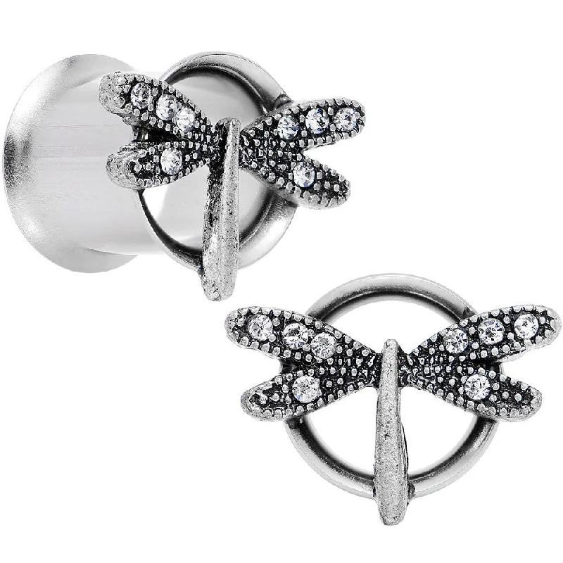 Women's Earrings – Elegant Designs for Every Personality--00 Gauge Clear Gem Steel Hi Sky Dragonfly Double Flare Tunnel Plug Set