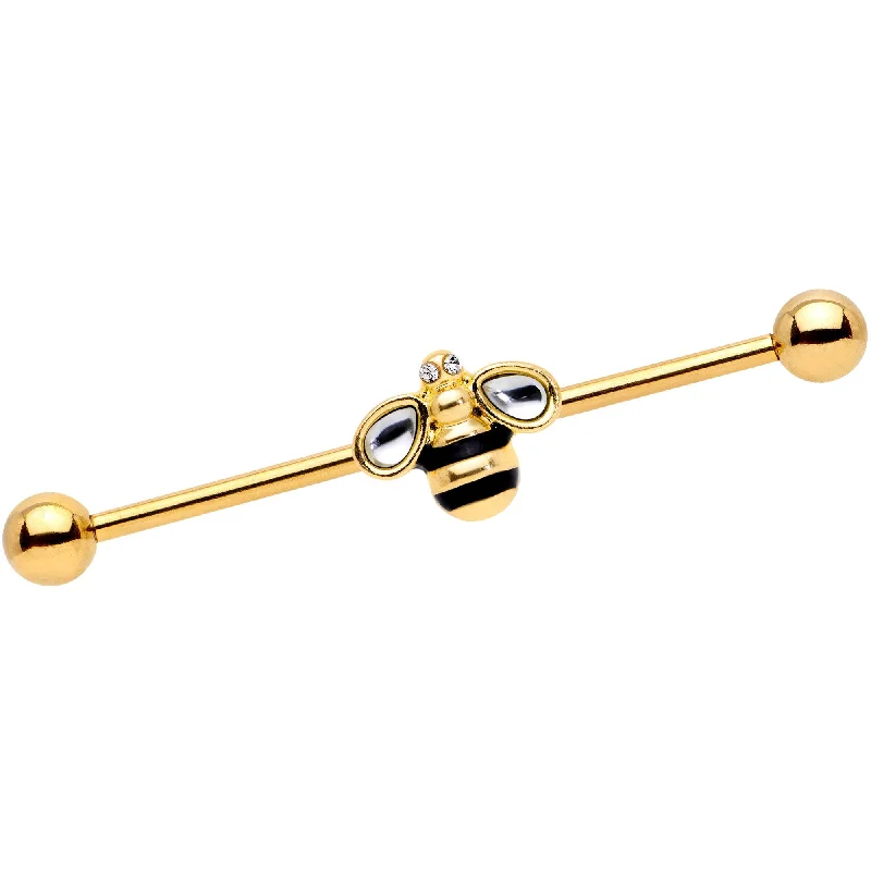 Women's Earrings – Elegant Designs for Every Personality--14 Gauge Clear Gem Gold Tone Bumblebee Bling Industrial Barbell 38mm