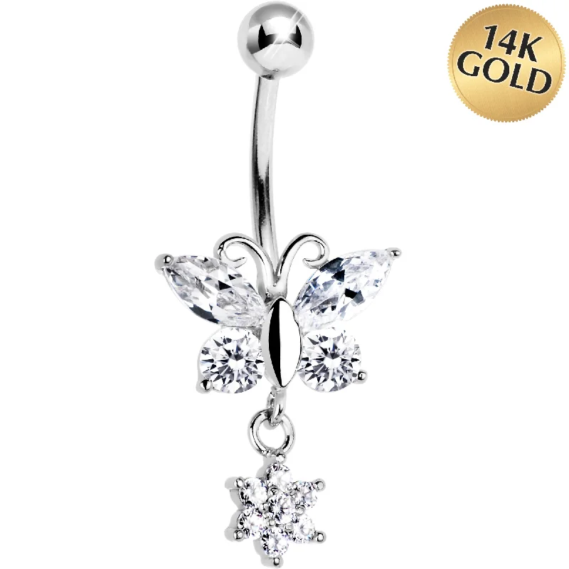Comfortable Belly Rings with Adjustable Fit -16 Gauge Solid 14kt White Gold CZ Flower Butterfly Belly Ring Comfortable Belly Rings with Adjustable Fit -16 Gauge Solid 14kt White Gold CZ Flower Butterfly Belly Ring