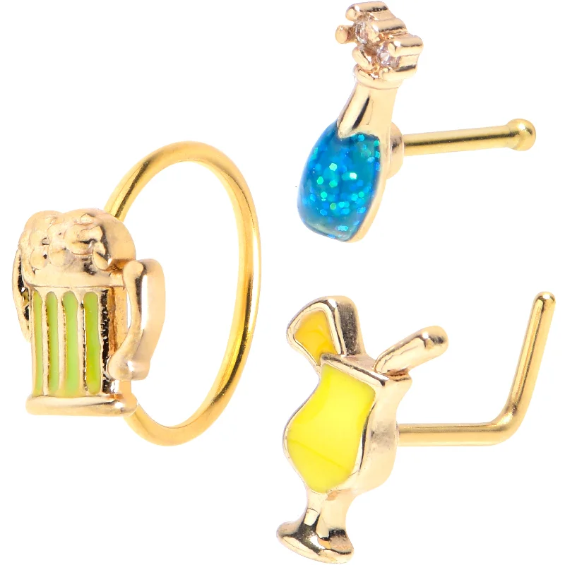Bold Nose Rings with Glamorous Stones -20 Gauge 1/4 5/16 Gold Tone Happy Hour Nose Bone Hoop Set of 3 Bold Nose Rings with Glamorous Stones -20 Gauge 1/4 5/16 Gold Tone Happy Hour Nose Bone Hoop Set of 3