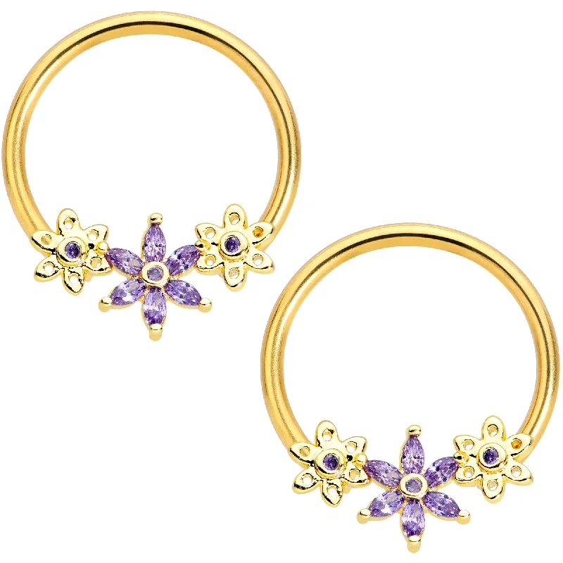 Lip Rings for Trendy Piercing Styles14 Gauge 5/8 Purple CZ Gold Anodized Daisy Flower BCR Nipple Ring Set Lip Rings for Trendy Piercing Styles14 Gauge 5/8 Purple CZ Gold Anodized Daisy Flower BCR Nipple Ring Set
