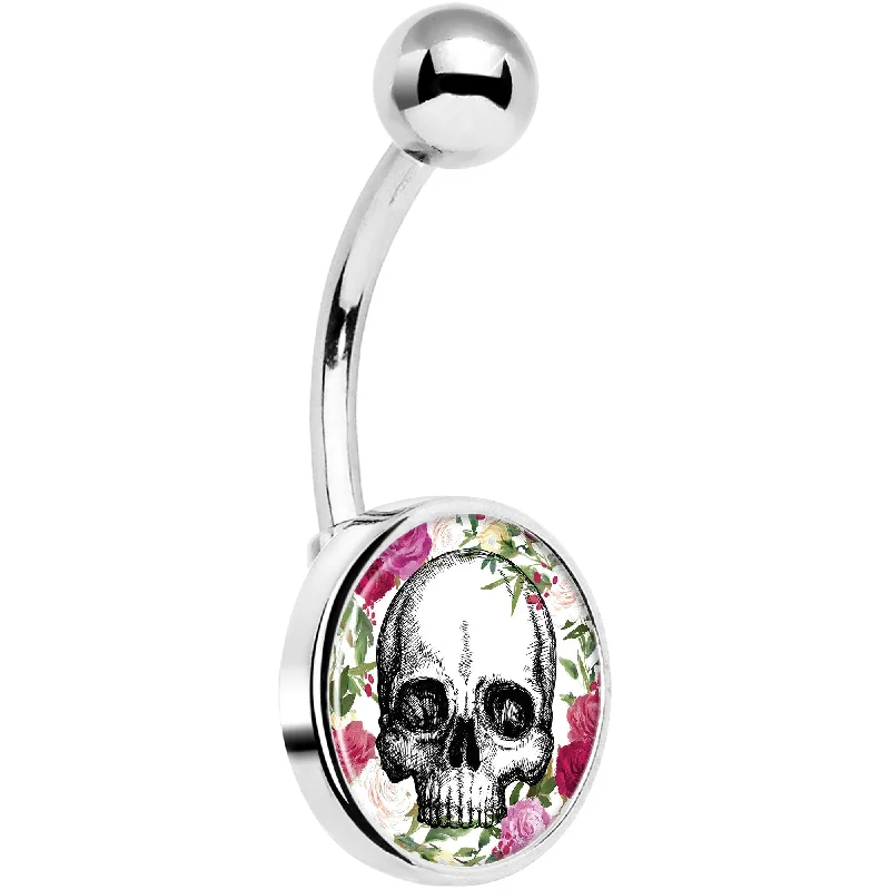 Trendy Belly Rings for Glamorous Fashion -Floral Border Skull Belly Ring