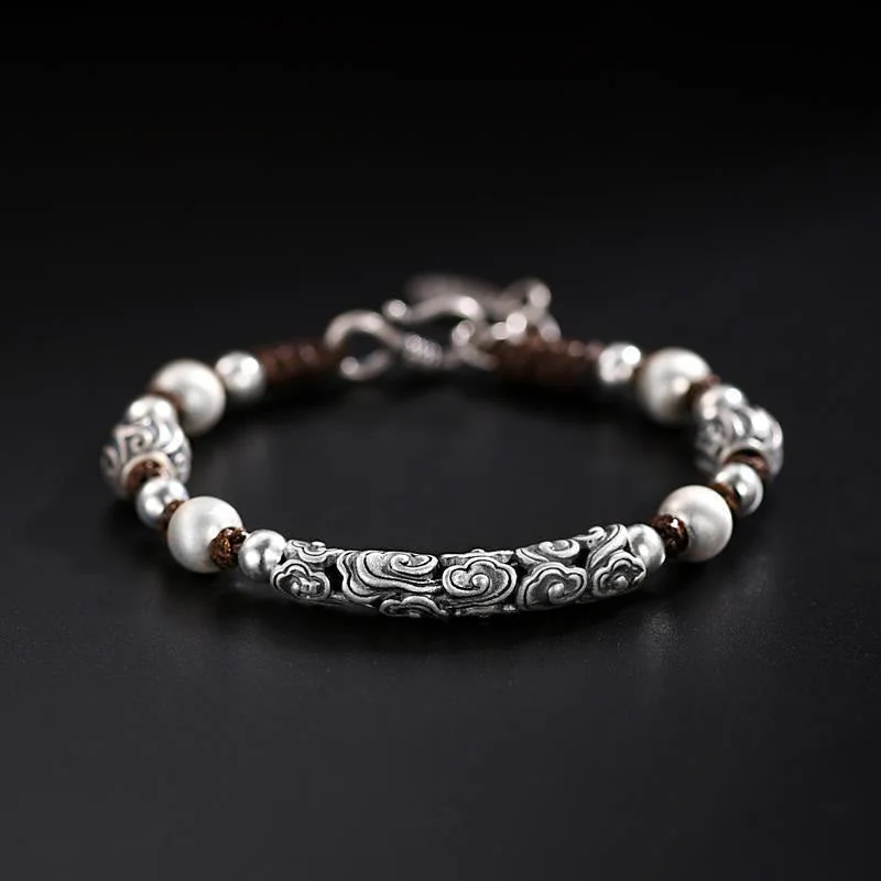 Men's Bracelets with Engraved Names-Buddha Stones Tibet Handmade Copper 999 Sterling Silver Auspicious Cloud Wealth String Bracelet Men's Bracelets with Engraved Names-Buddha Stones Tibet Handmade Copper 999 Sterling Silver Auspicious Cloud Wealth String Bracelet