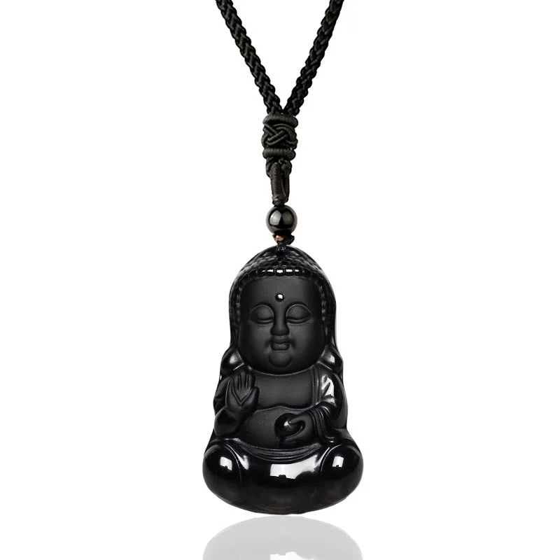 Shop Classic Women's  Necklaces & Pendants with a Modern Twist-Buddha Stones Natural Black Obsidian Crystal Buddha Strength Protection Amulet Lucky Charm Pendant Necklace