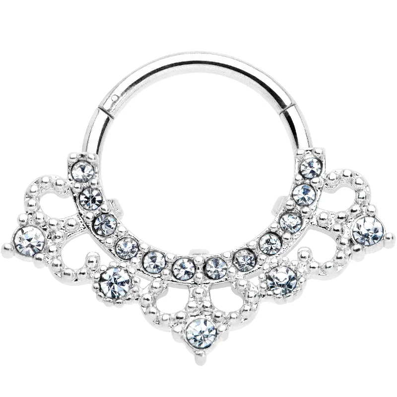 Unique Gemstone Nose Rings -16 Gauge 3/8 Clear Gem Tiny Tiara Hinged Segment Ring