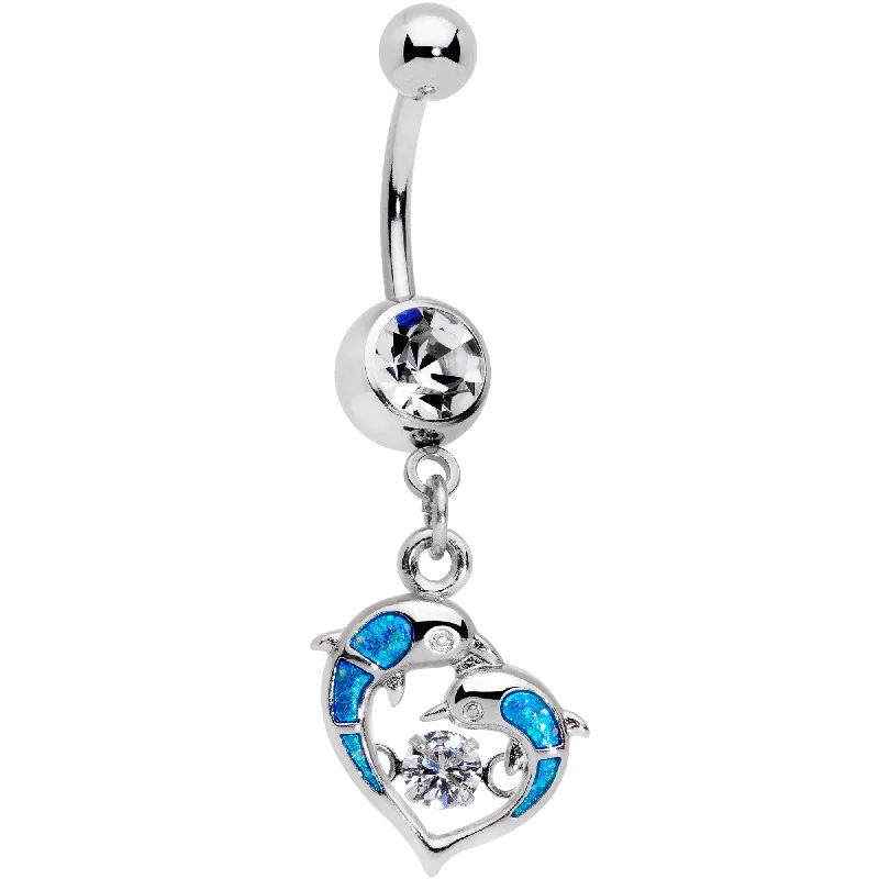 Stylish Belly Rings for Chic Looks -Clear CZ Gem Abstract Glitter Dancing Dolphin Dangle Belly Ring
