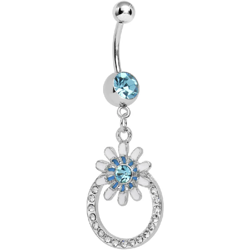 Stylish Belly Rings with Creative Detailing -Aqua Crystalline Gem Paved Ring Bursting Flower Dangle Belly Ring Stylish Belly Rings with Creative Detailing -Aqua Crystalline Gem Paved Ring Bursting Flower Dangle Belly Ring