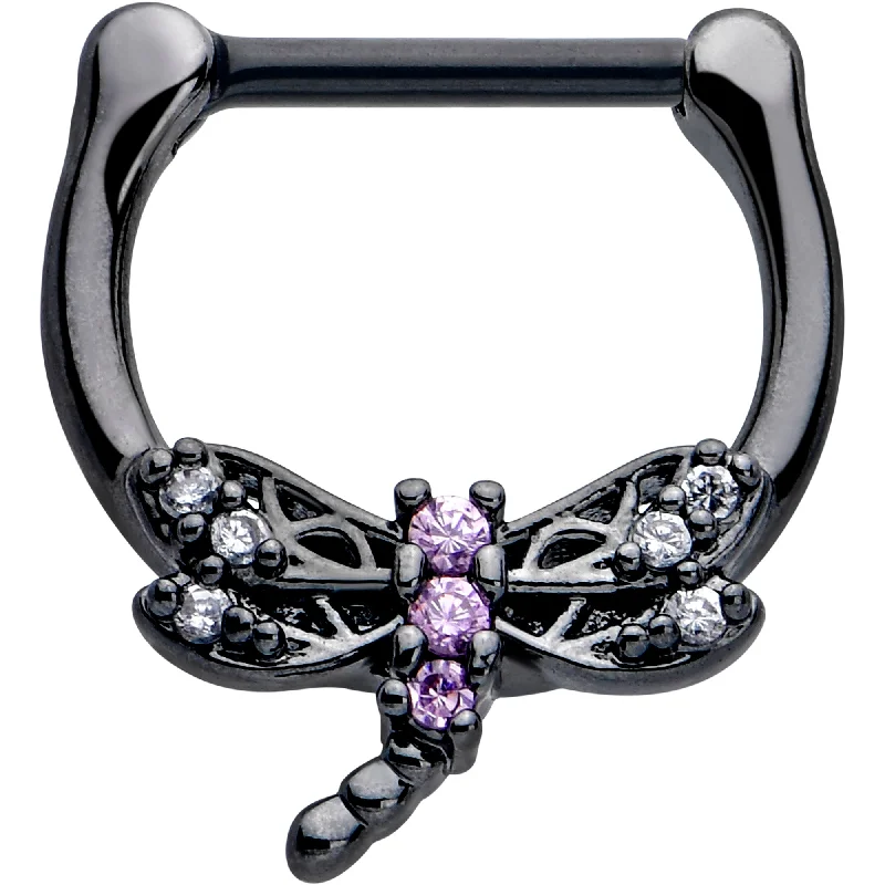 Bold Nose Rings with Glamorous Stones -16 Gauge 5/16 Purple CZ Gem Black Night Dragonfly Cartilage Clicker Bold Nose Rings with Glamorous Stones -16 Gauge 5/16 Purple CZ Gem Black Night Dragonfly Cartilage Clicker