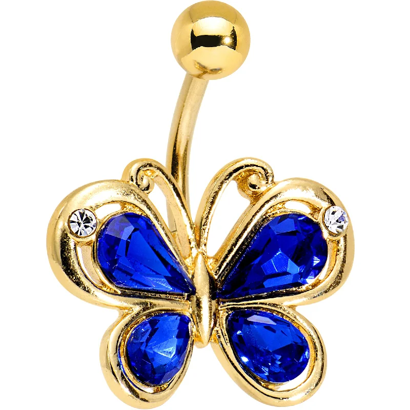 Belly Rings for Trendy Piercings -Blue Gem Gold PVD Burst of Color Butterfly Belly Ring Belly Rings for Trendy Piercings -Blue Gem Gold PVD Burst of Color Butterfly Belly Ring
