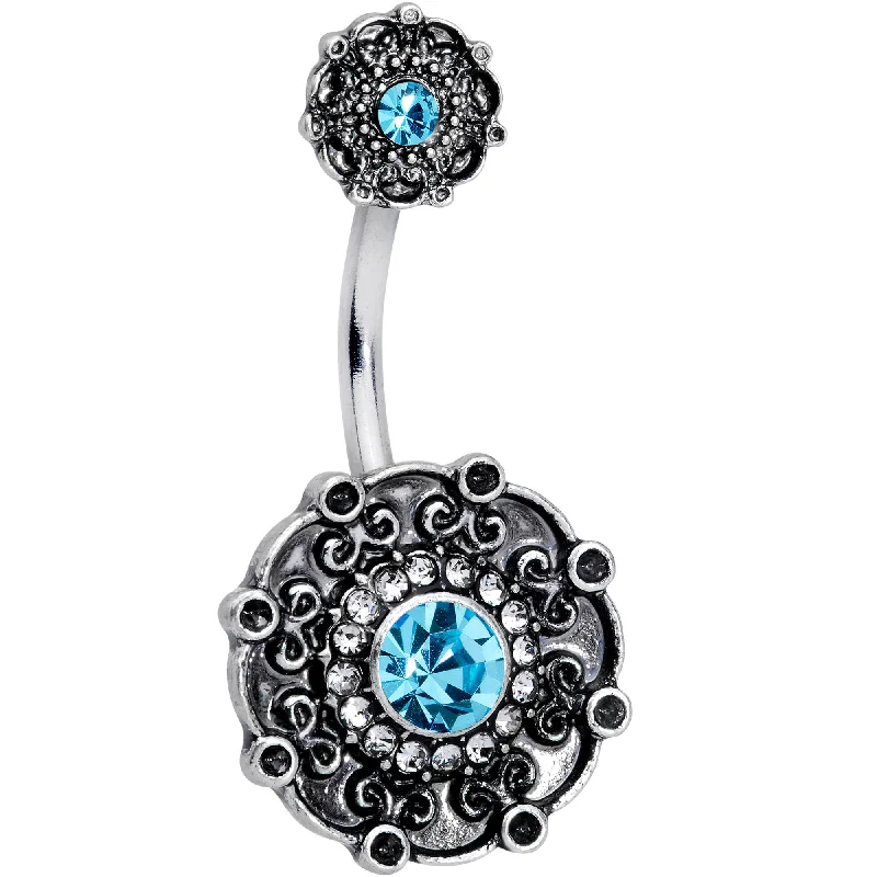 Belly Rings with Stylish Touch for Modern Women -Clear Aqua Gem Floral Emblem Double Mount Belly Ring Belly Rings with Stylish Touch for Modern Women -Clear Aqua Gem Floral Emblem Double Mount Belly Ring
