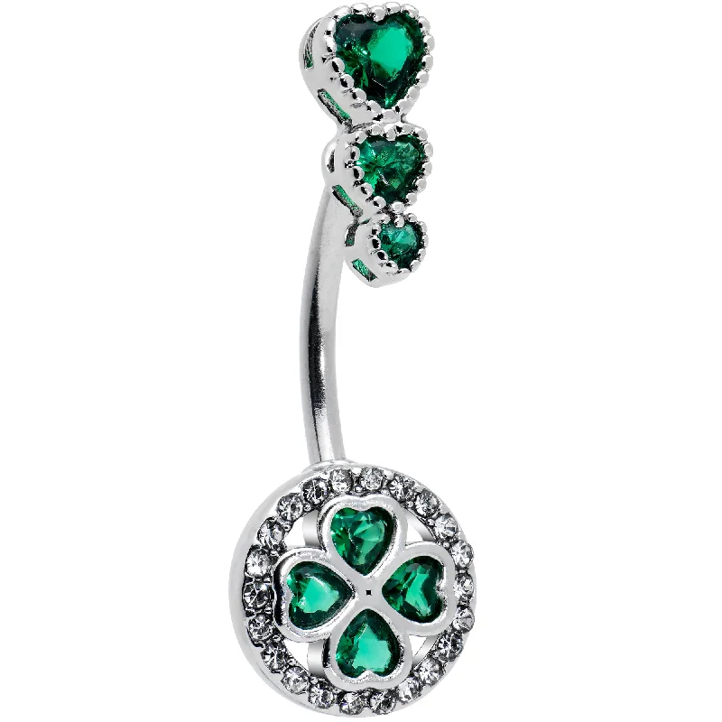 Trendy Belly Rings for Bold Fashionistas -Green Clear Gem Triple Drop Heart Shamrock Double Mount Belly Ring Trendy Belly Rings for Bold Fashionistas -Green Clear Gem Triple Drop Heart Shamrock Double Mount Belly Ring
