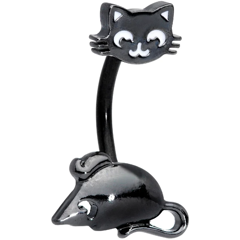 Designer Belly Rings for Unique Looks -Black Cat Mouse Halloween Double Mount Belly Ring Designer Belly Rings for Unique Looks -Black Cat Mouse Halloween Double Mount Belly Ring