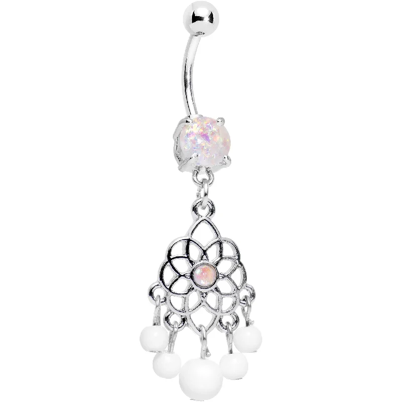 Belly Rings for Edgy Fashion -White Faux Opal Lotus Flower Dreamcatcher Dangle Belly Ring Belly Rings for Edgy Fashion -White Faux Opal Lotus Flower Dreamcatcher Dangle Belly Ring