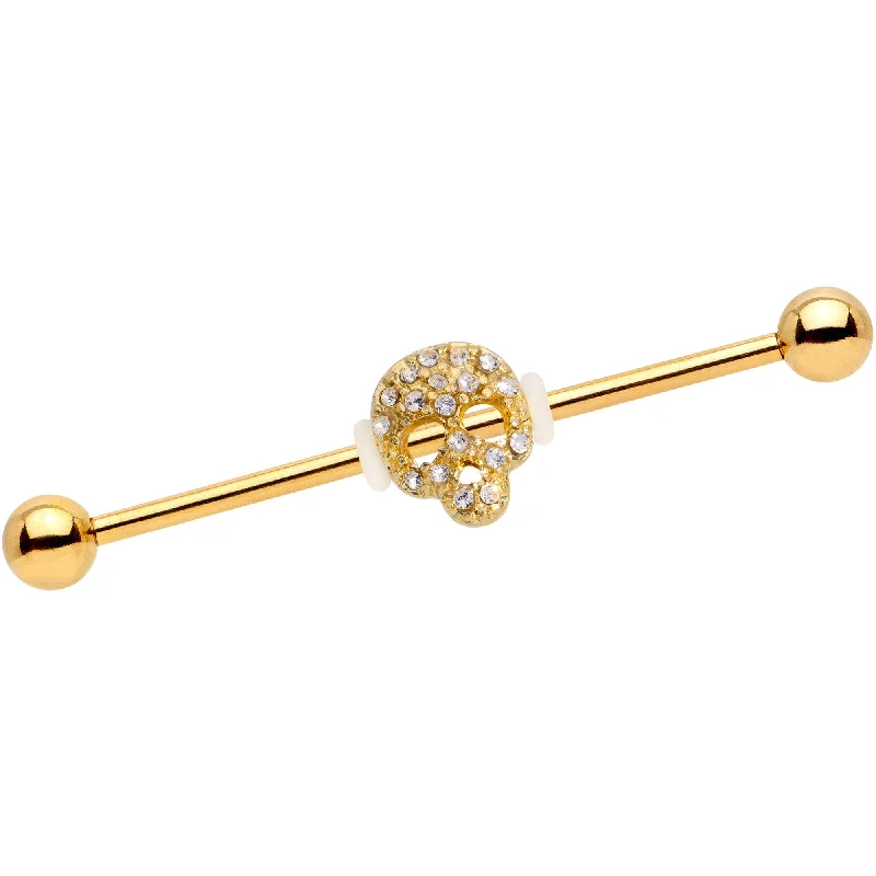 Women's Earrings – Elegant Designs for Every Personality--Clear Gem Skull Charm Gold Anodized Straight Industrial Barbell 38mm Women's Earrings – Elegant Designs for Every Personality--Clear Gem Skull Charm Gold Anodized Straight Industrial Barbell 38mm