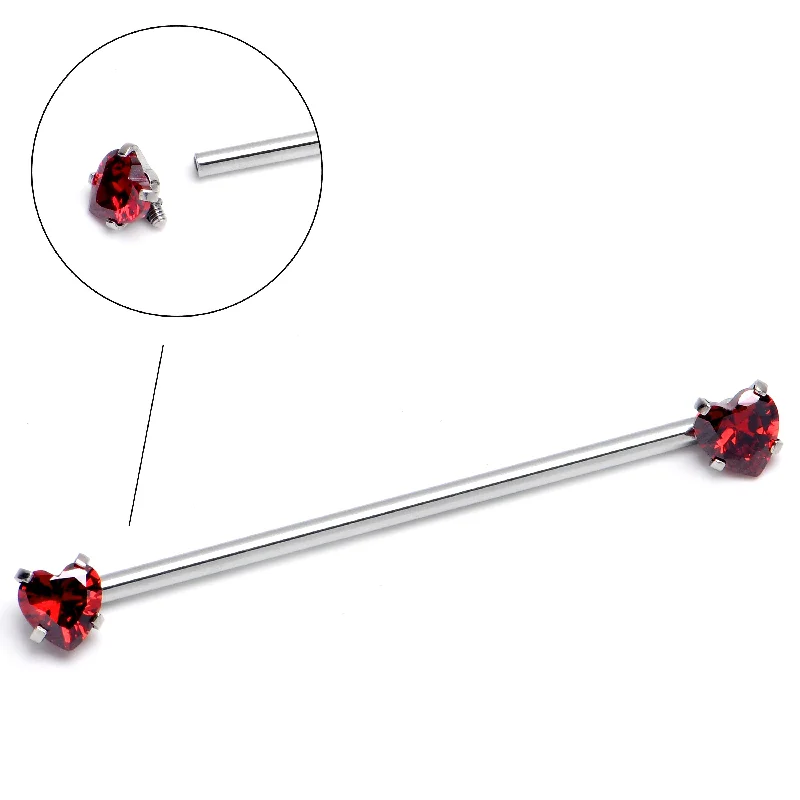 Women's Earrings – Elegant Designs for Every Personality--14 Gauge Red CZ Gem Heart Internally Threaded Industrial Barbell 38mm
