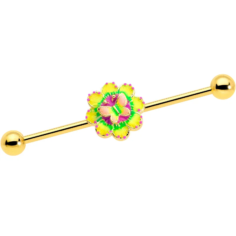 Women's Earrings – Elegant Designs for Every Personality--14 Gauge Gold Tone Tie Dye Butterfly Style Industrial Barbell 38mm