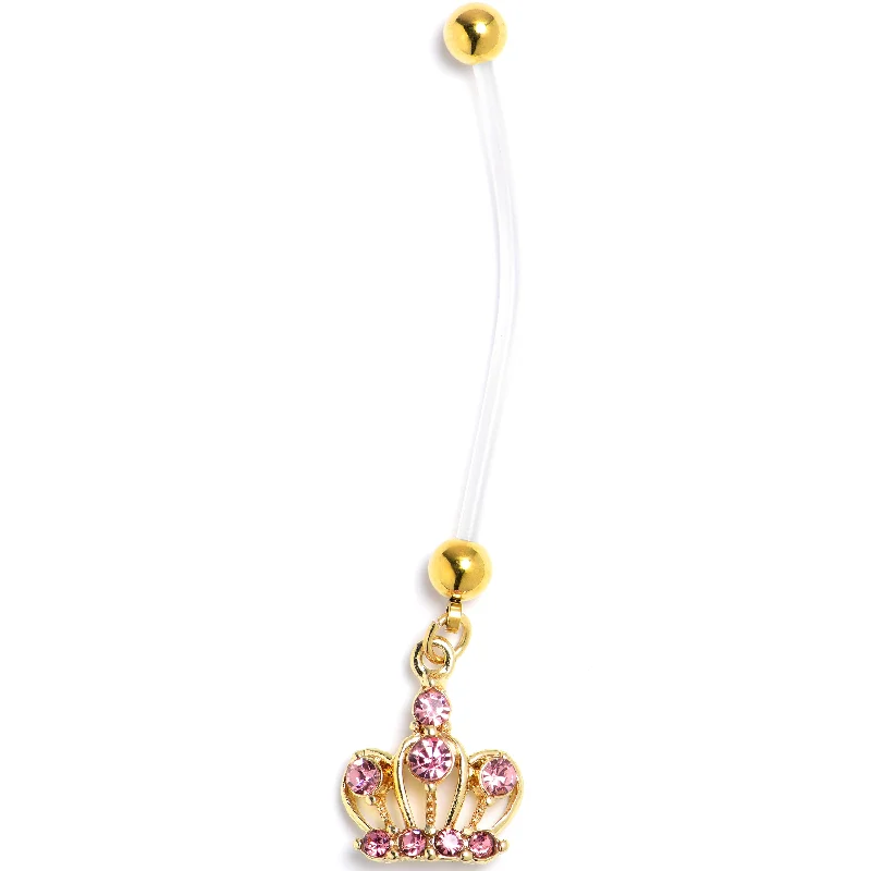 Beautiful Belly Rings for Dazzling Effect -Pink CZ Gem Bioplast PTFE Epic Crown Dangle Pregnancy Belly Ring Beautiful Belly Rings for Dazzling Effect -Pink CZ Gem Bioplast PTFE Epic Crown Dangle Pregnancy Belly Ring