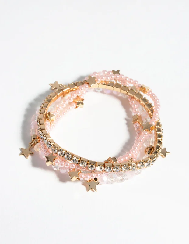 Sparkling Bangles for Women-Kids Gold Bead & Star Charm Stretch Bracelet