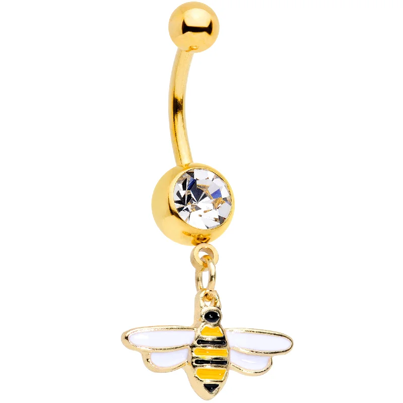 Belly Rings for Elegant Fashion -Clear Gem Gold Tone Striped Bee Dangle Belly Ring