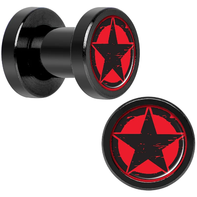 Women's Earrings – Elegant Designs for Every Personality--Black Red Distressed Star Black Anodized Screw Fit Plug Set 4 Gauge Women's Earrings – Elegant Designs for Every Personality--Black Red Distressed Star Black Anodized Screw Fit Plug Set 4 Gauge