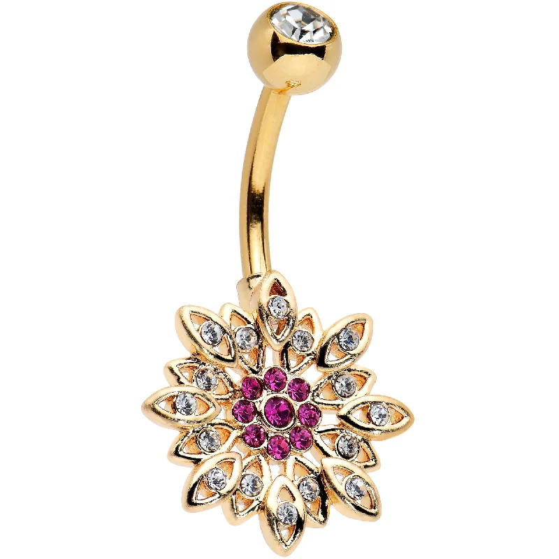 Trendy Belly Rings with Colorful Stones -Pink Clear Gem Gold Tone Opulent Starry Flower Belly Ring Trendy Belly Rings with Colorful Stones -Pink Clear Gem Gold Tone Opulent Starry Flower Belly Ring
