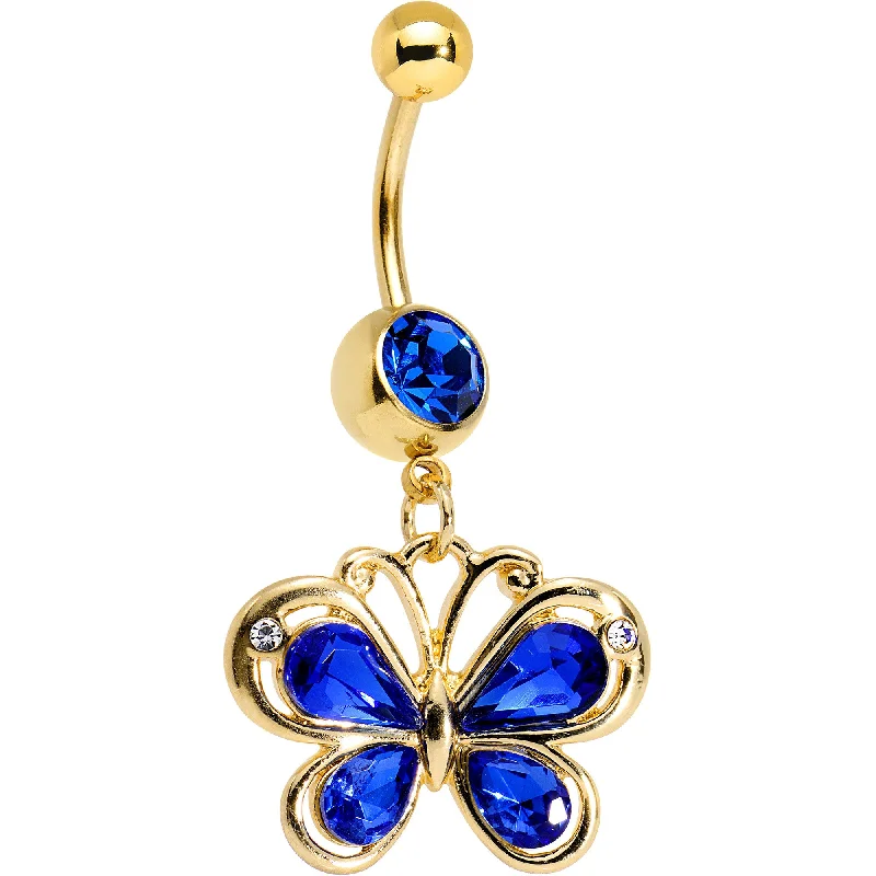 Belly Rings with Star Motif for Fun Fashion -Navy Blue Gem Gold PVD Burst of Color Butterfly Dangle Belly Ring Belly Rings with Star Motif for Fun Fashion -Navy Blue Gem Gold PVD Burst of Color Butterfly Dangle Belly Ring